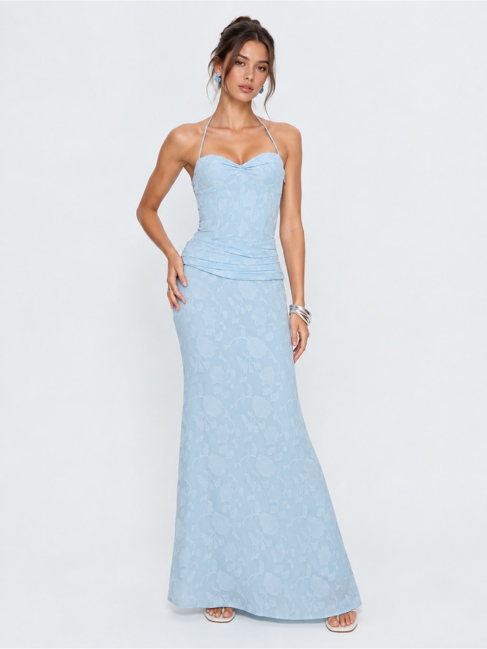 Princess Polly Powder Blue Halter Lace-Up Maxi Dress